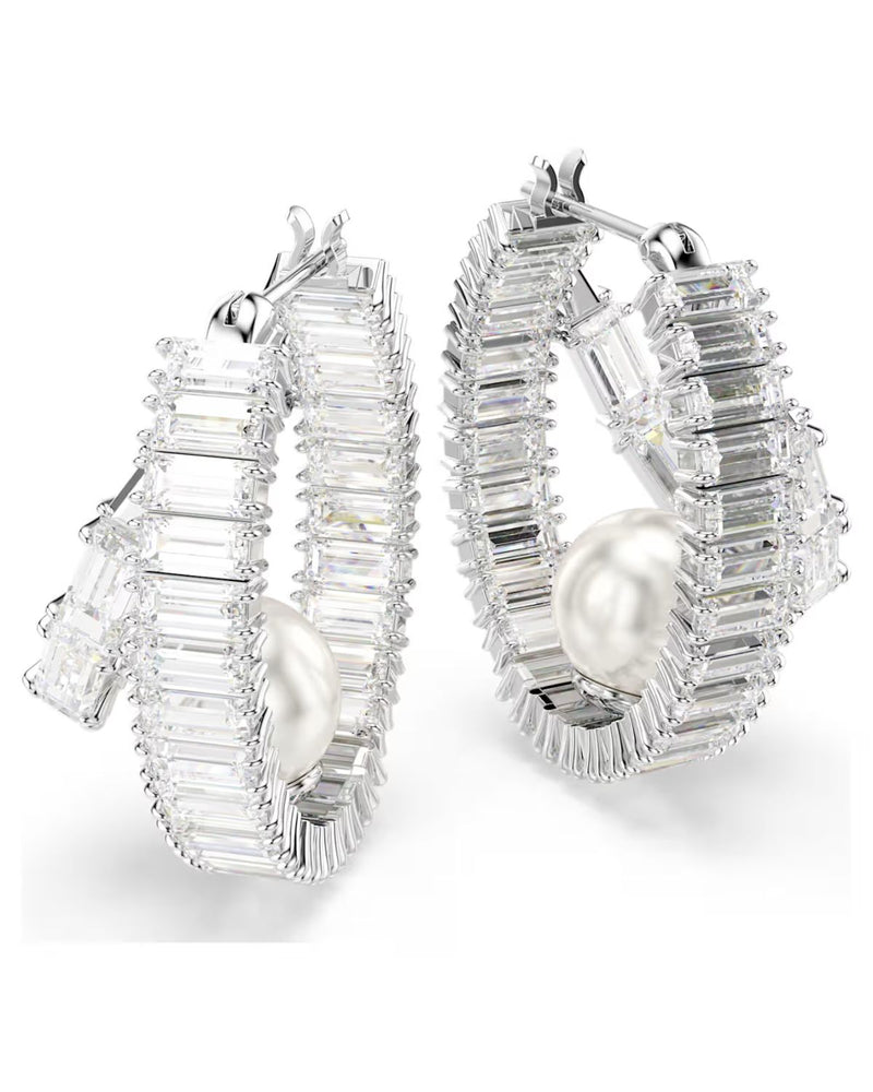 Ariana Grande x Swarovski hoop earrings Crystal pearl, Baguette cut, White, Rhodium plated