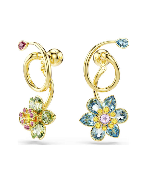 Idyllia drop earrings Asymmetrical design, Mixed cuts, Flower, Multicoloured, Gold-tone plated