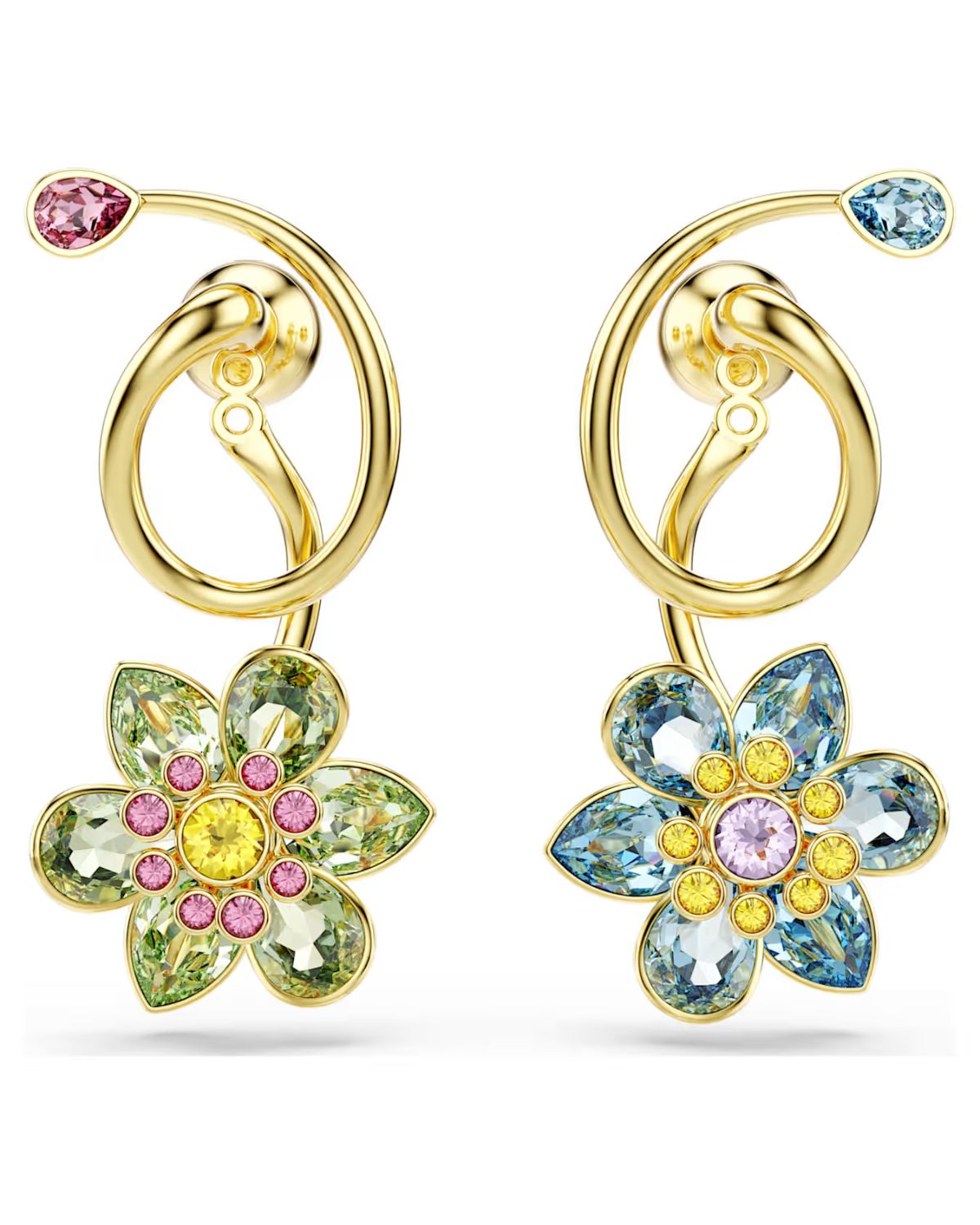Idyllia drop earrings Asymmetrical design, Mixed cuts, Flower, Multicoloured, 18k gold finish 5709025