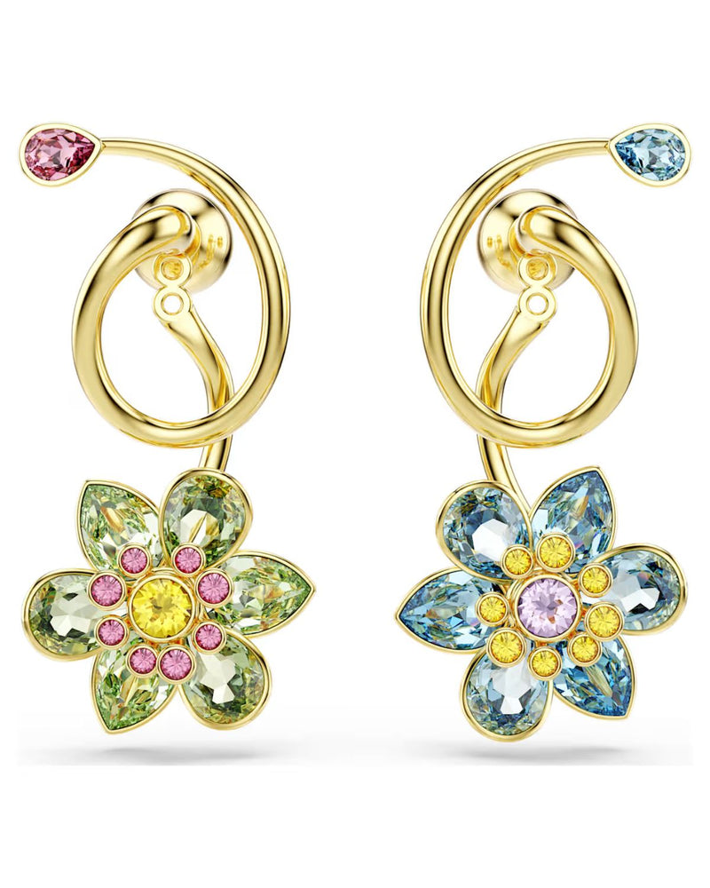 Idyllia drop earrings Asymmetrical design, Mixed cuts, Flower, Multicoloured, Gold-tone plated