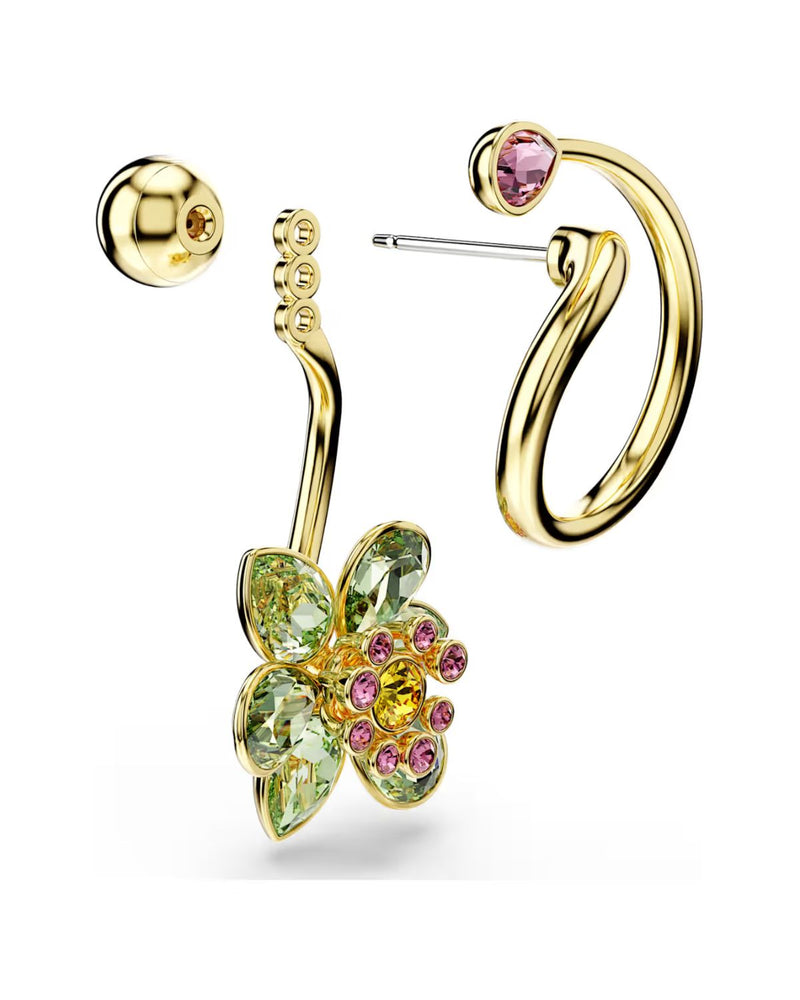 Idyllia drop earrings Asymmetrical design, Mixed cuts, Flower, Multicoloured, Gold-tone plated