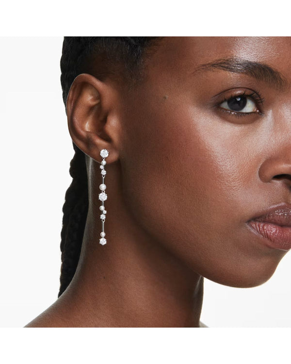 Constella drop earrings Crystal pearl, Round cuts, White, Rhodium plated