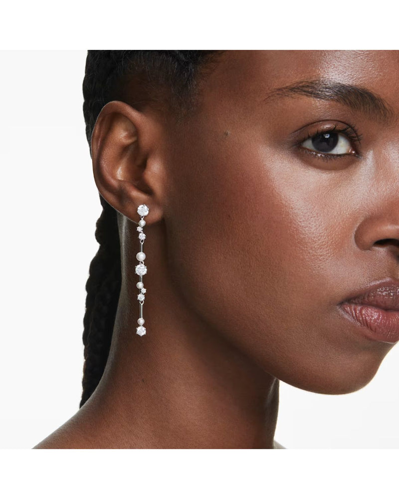 Constella drop earrings Crystal pearl, Round cuts, White, Rhodium plated