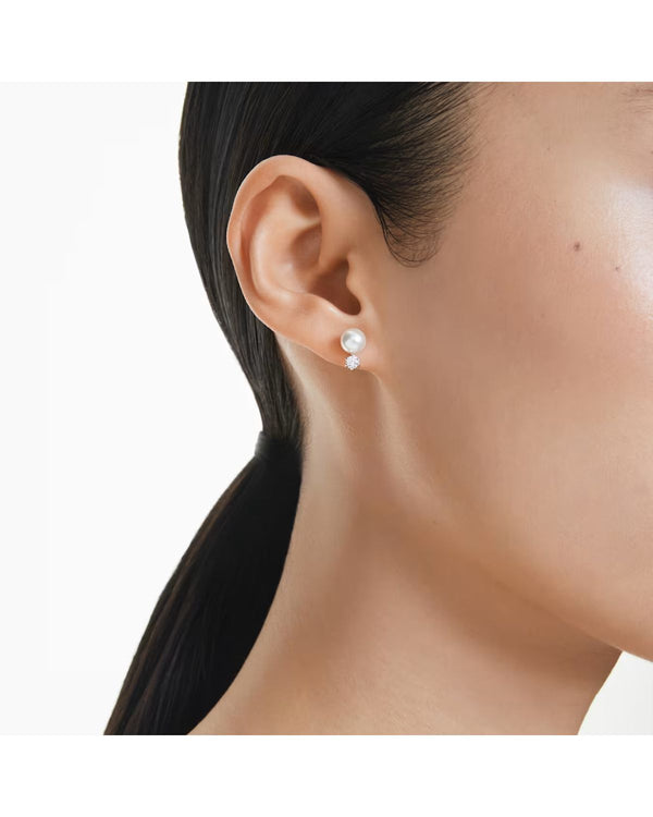 Matrix stud earrings Crystal pearl, Round cut, White, Rhodium plated