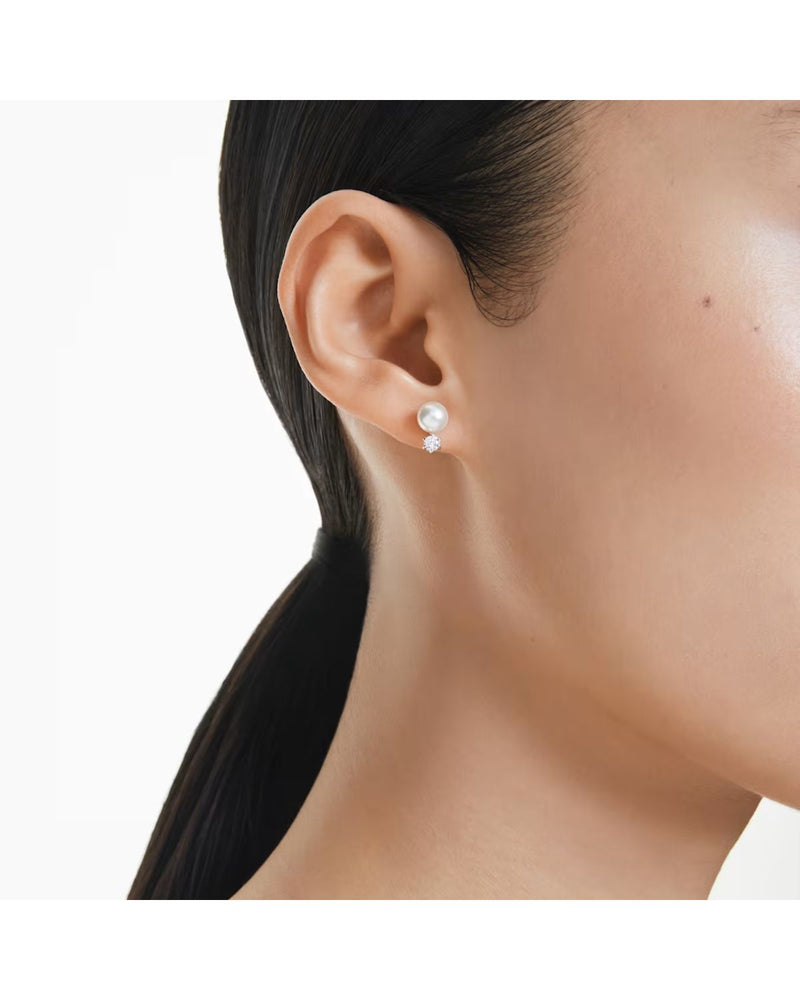 Matrix stud earrings Crystal pearl, Round cut, White, Rhodium plated