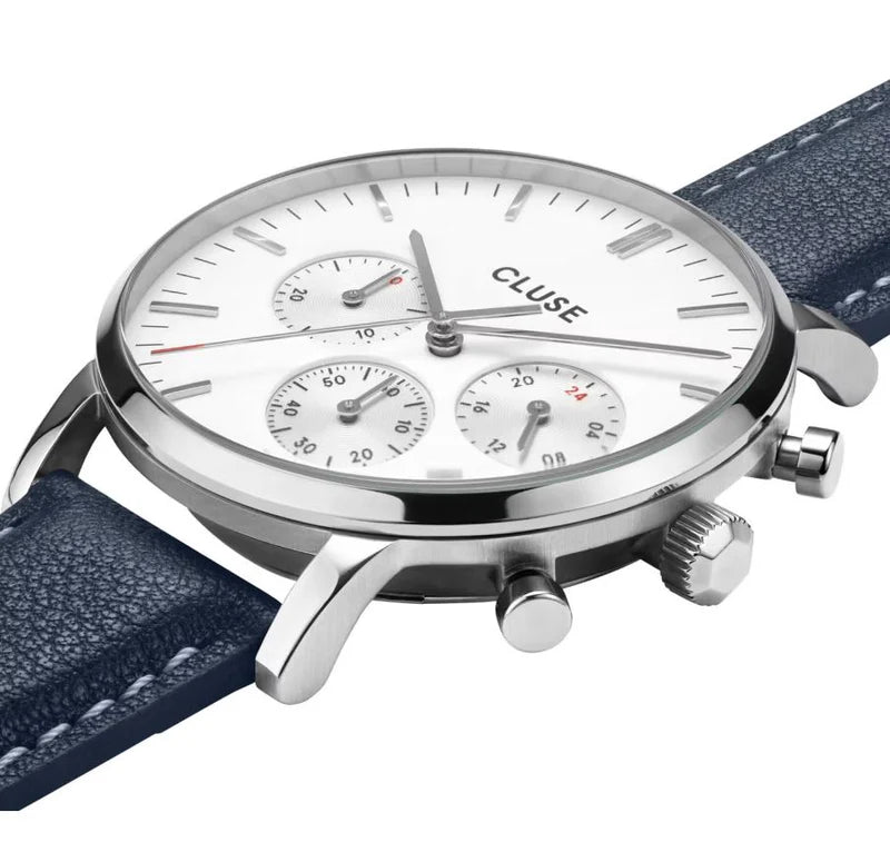 CLUSWE Aravis Chrono Silver Mesh Band and Navy Blue leather strap CG21004