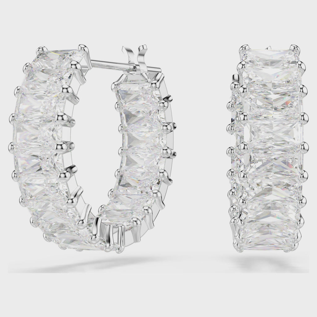 Matrix hoop earrings Baguette cut, White, Rhodium plated 5733397