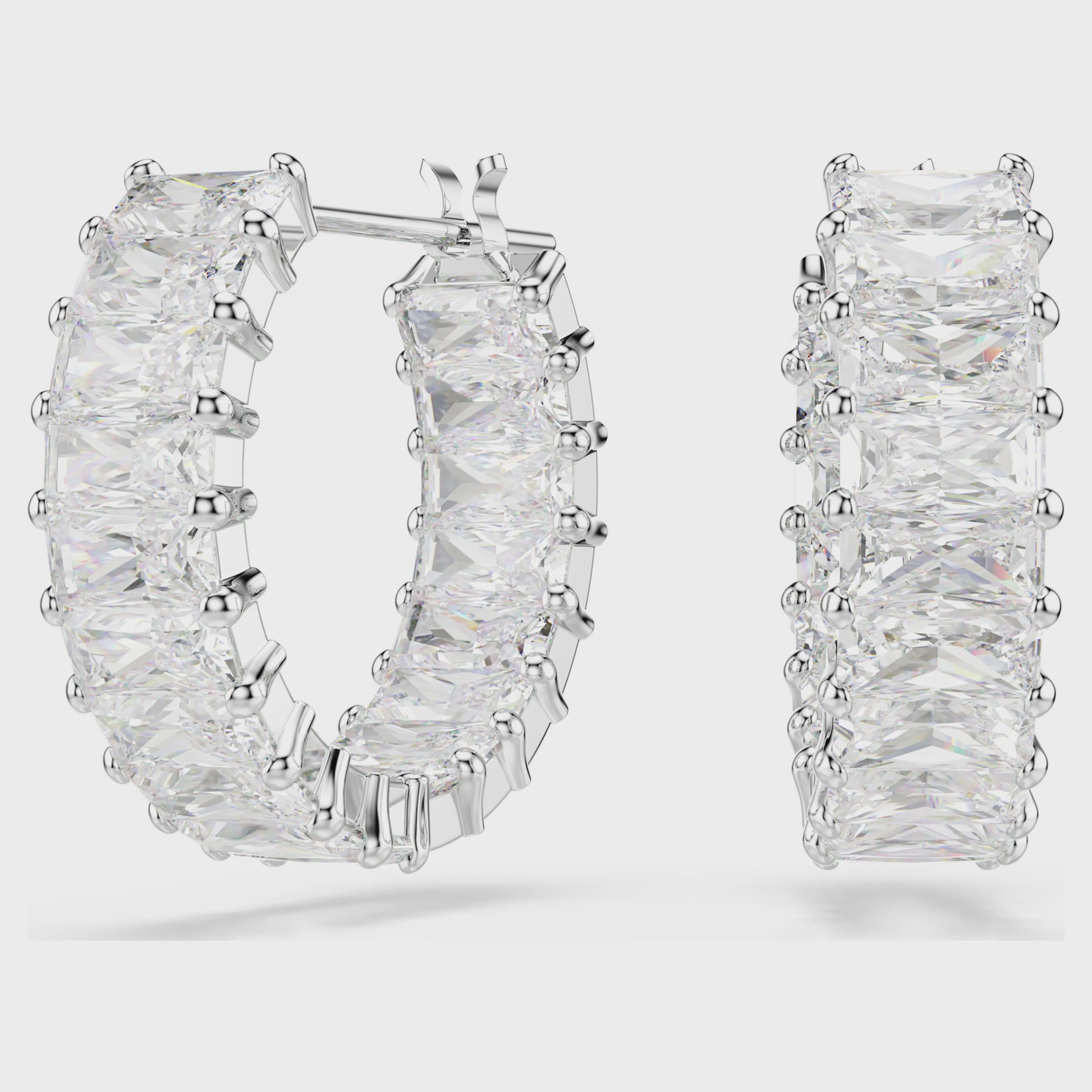 Matrix hoop earrings Baguette cut, White, Rhodium plated 5733397