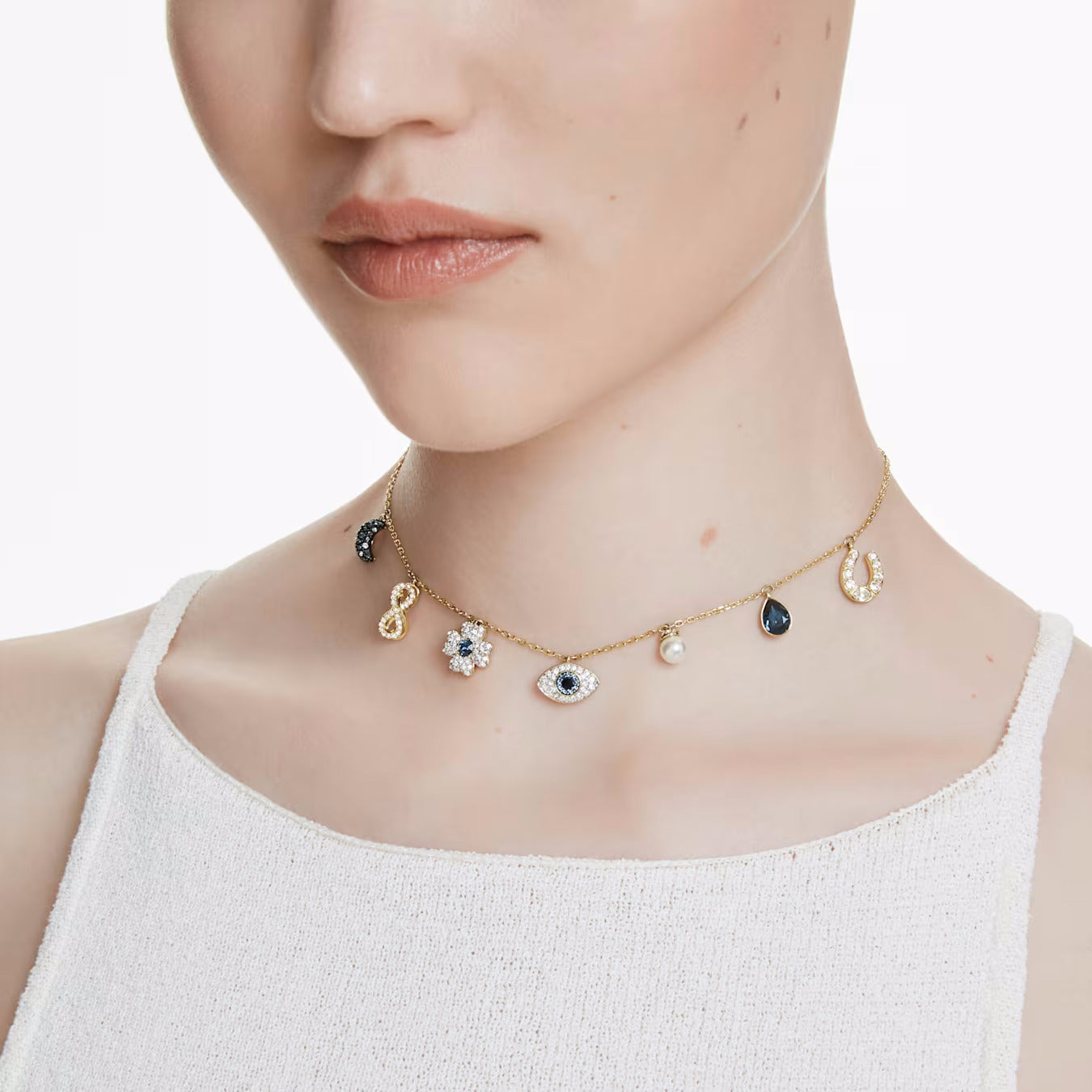 Symbolica choker Crystal pearl, Moon, infinity, clover, evil eye and horseshoe, Blue, Gold-tone plated 5692164