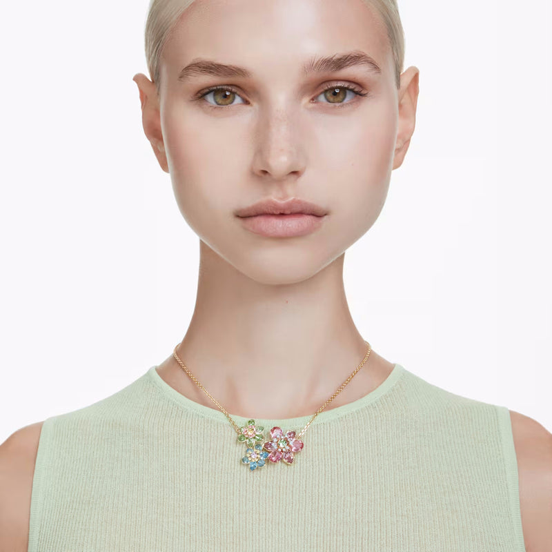 Idyllia pendant Mixed cuts, Flower, Multicoloured, Gold-tone plated