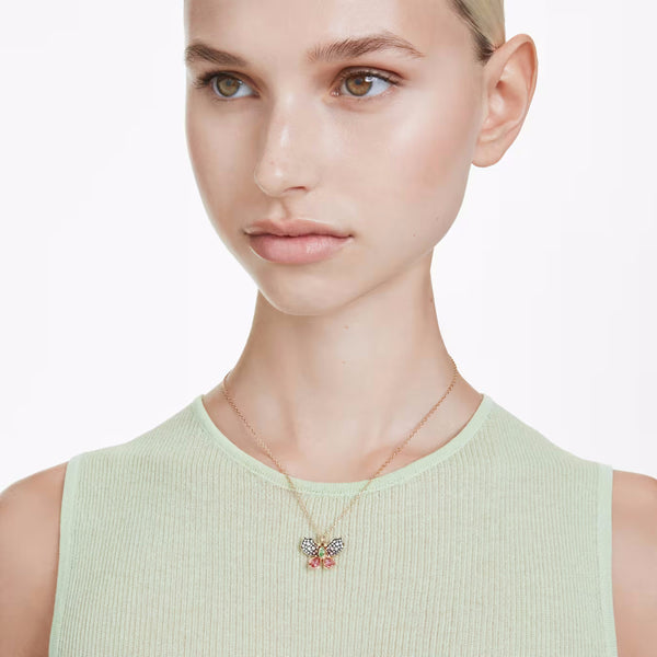 Idyllia pendant Mixed cuts, Pavé, Butterfly, Multicoloured, Gold-tone plated