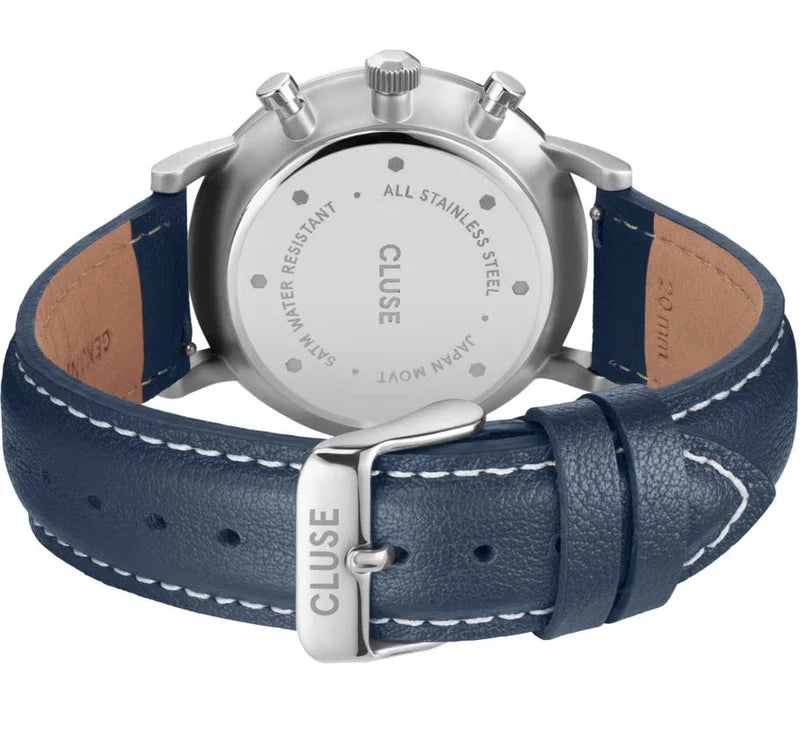 CLUSWE Aravis Chrono Silver Mesh Band and Navy Blue leather strap CG21004
