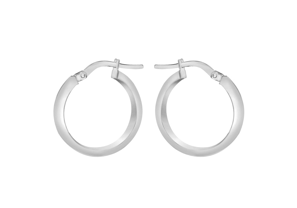 9ct White Gold 3mm Rectangular-Tube 15mm Hoop Creole Earrings