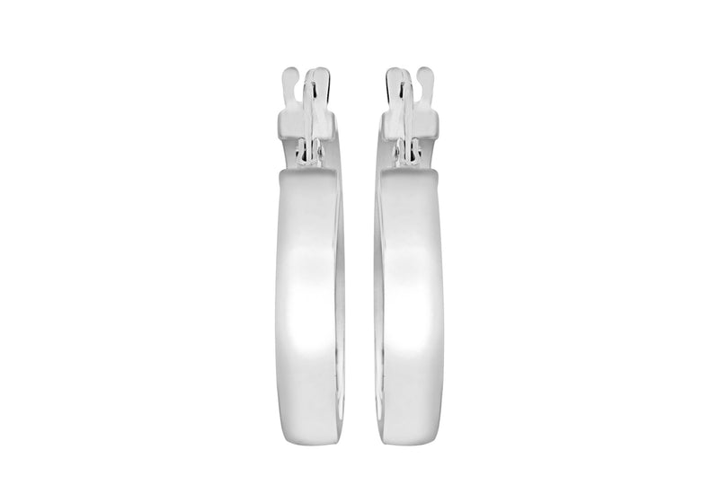 9ct White Gold 3mm Rectangular-Tube 15mm Hoop Creole Earrings