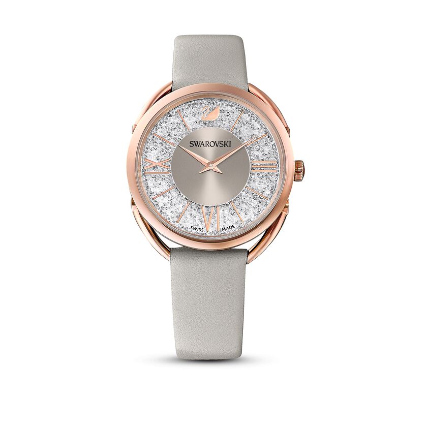 Crystalline Glam Watch Leather strap, Gray, Rose gold-tone 5452455