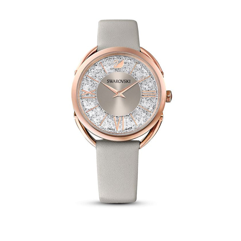 Crystalline Glam Watch Leather Strap, Gray, Rose gold tone