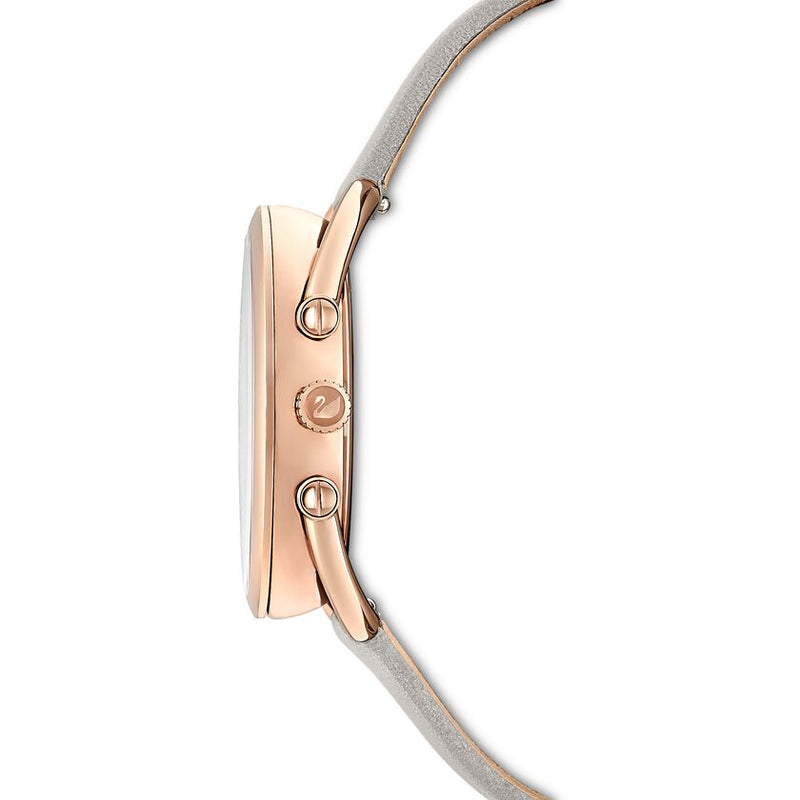 Crystalline Glam Watch Leather Strap, Gray, Rose gold tone