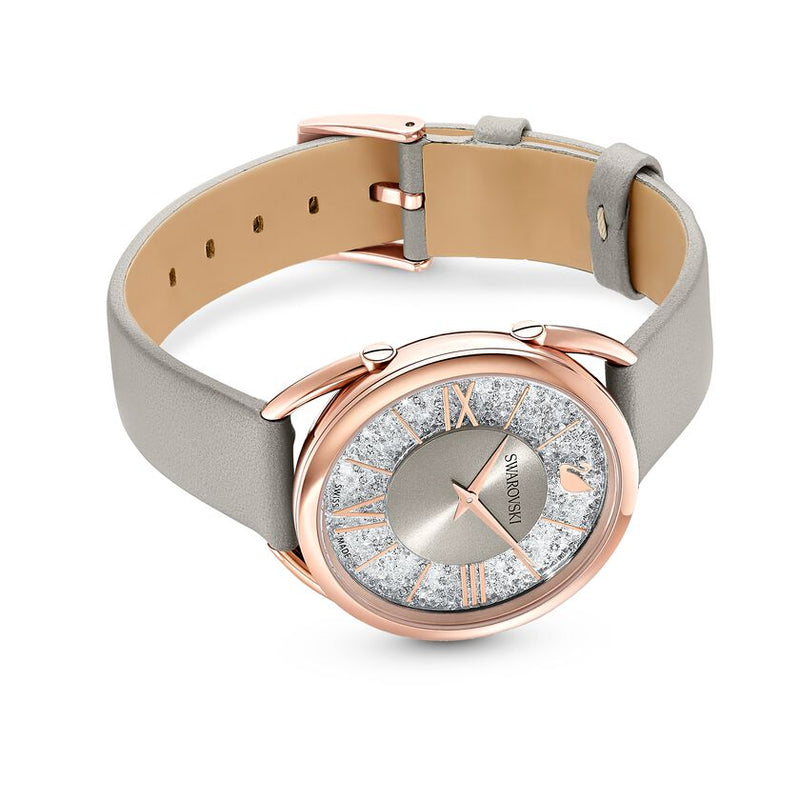 Crystalline Glam Watch Leather Strap, Gray, Rose gold tone