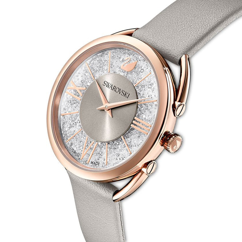 Crystalline Glam Watch Leather Strap, Gray, Rose gold tone