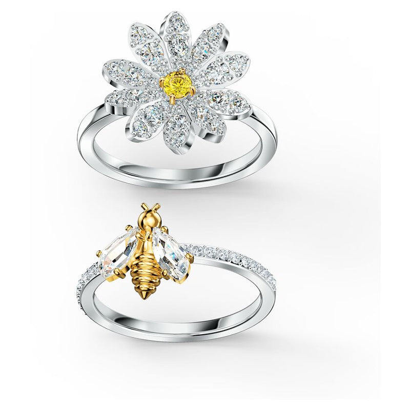 Eternal Flower ring Set (2), Bee and flower, Yellow, Mixed metal finish