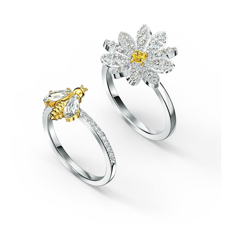 Eternal Flower ring Set (2), Bee and flower, Yellow, Mixed metal finish