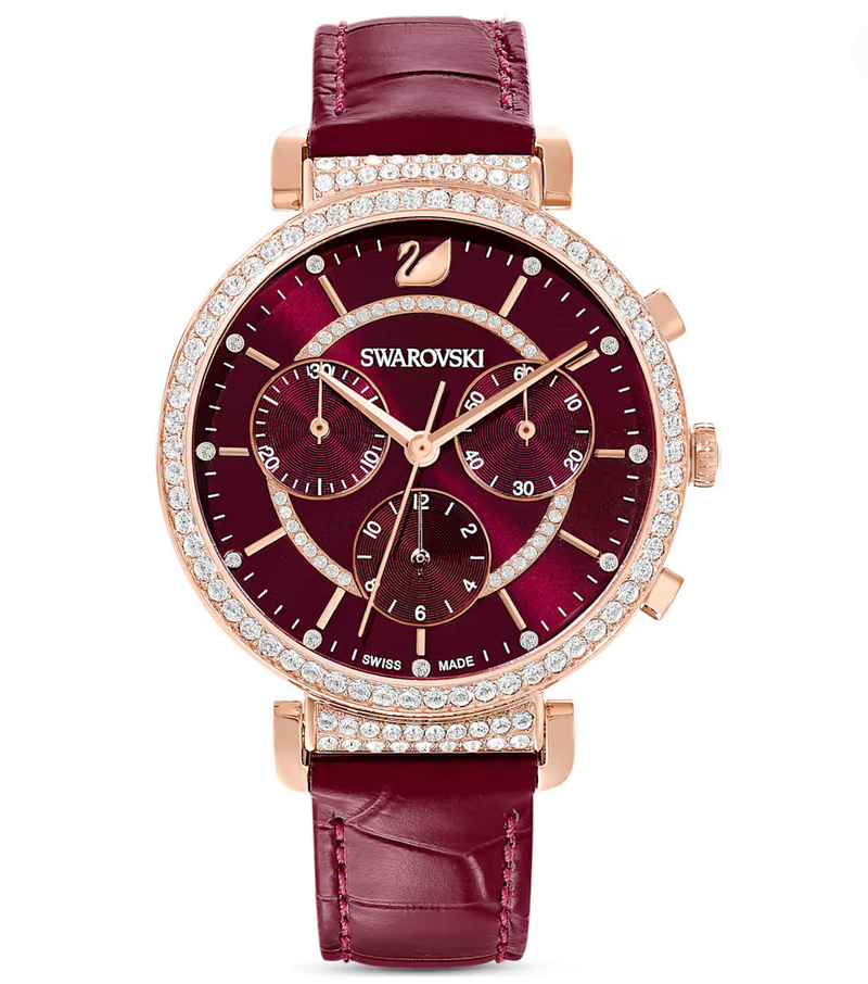 Passage Chrono watch Swiss Made, Leather strap, Red, Rose gold-tone finish