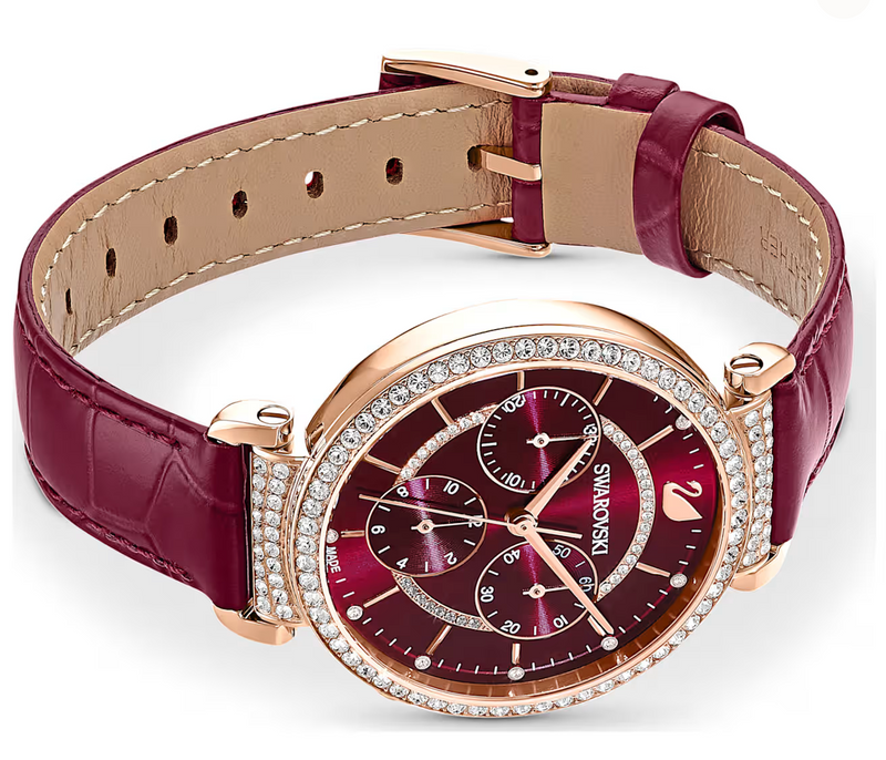 Passage Chrono watch Swiss Made, Leather strap, Red, Rose gold-tone finish