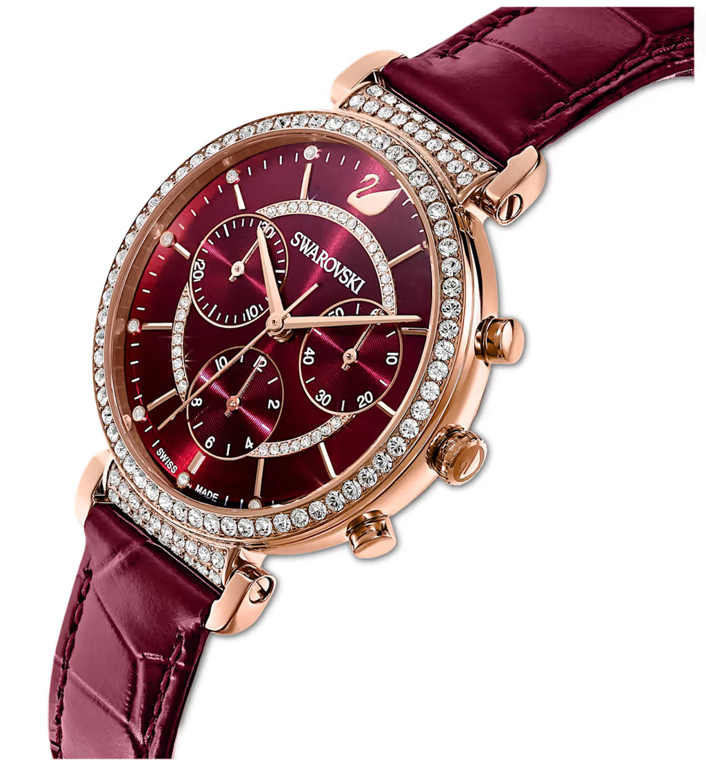 Passage Chrono watch Swiss Made, Leather strap, Red, Rose gold-tone finish 5580345