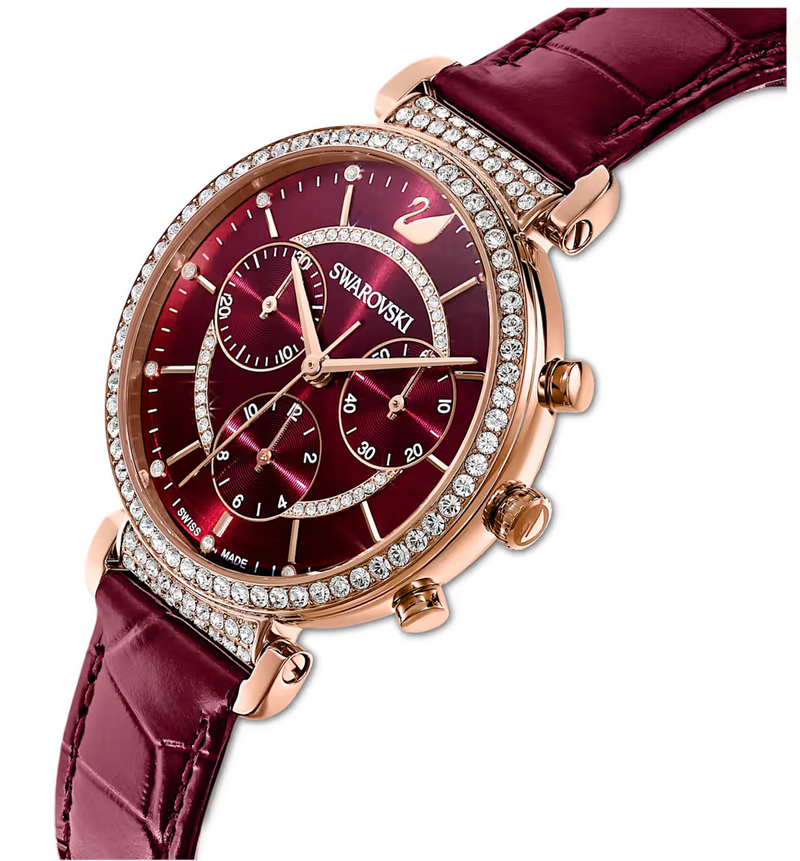 Passage Chrono watch Swiss Made, Leather strap, Red, Rose gold-tone finish