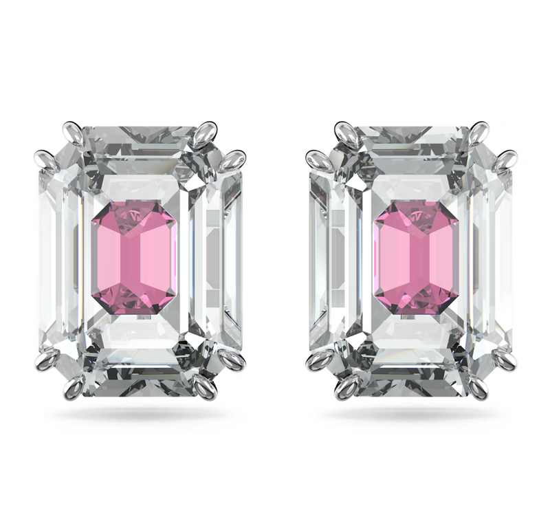 Chroma stud earrings Octagon cut, Pink, Rhodium plated