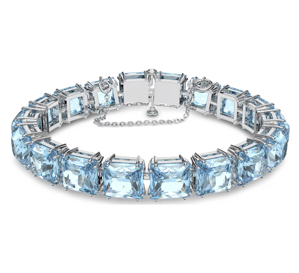 Millenia Tennis bracelet Square cut, Medium, Blue, Rhodium plated