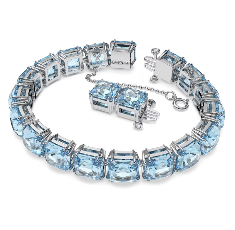 Millenia Tennis bracelet Square cut, Medium, Blue, Rhodium plated