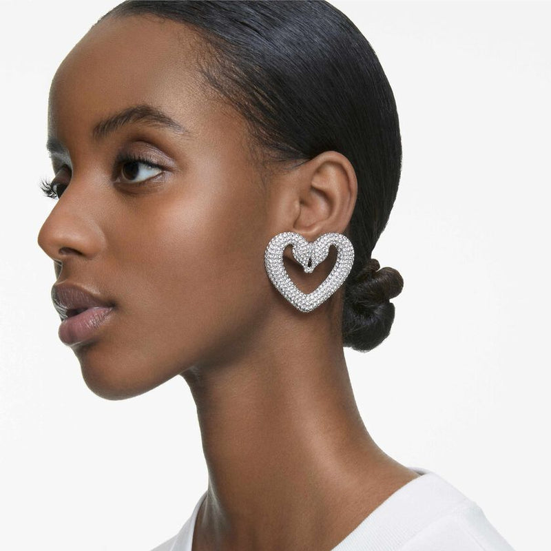 Una clip earrings Heart, Medium, White, Rhodium plated