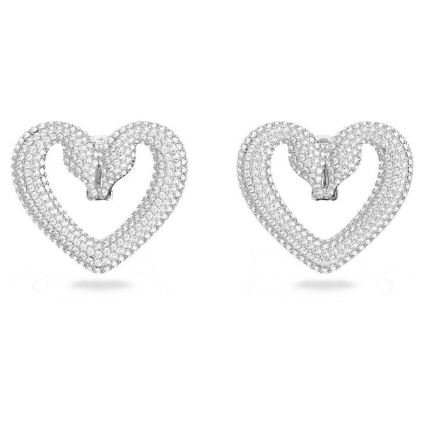 Una clip earrings Heart, Medium, White, Rhodium plated