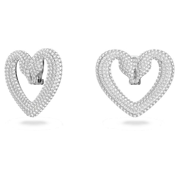 Una clip earrings Heart, Medium, White, Rhodium plated