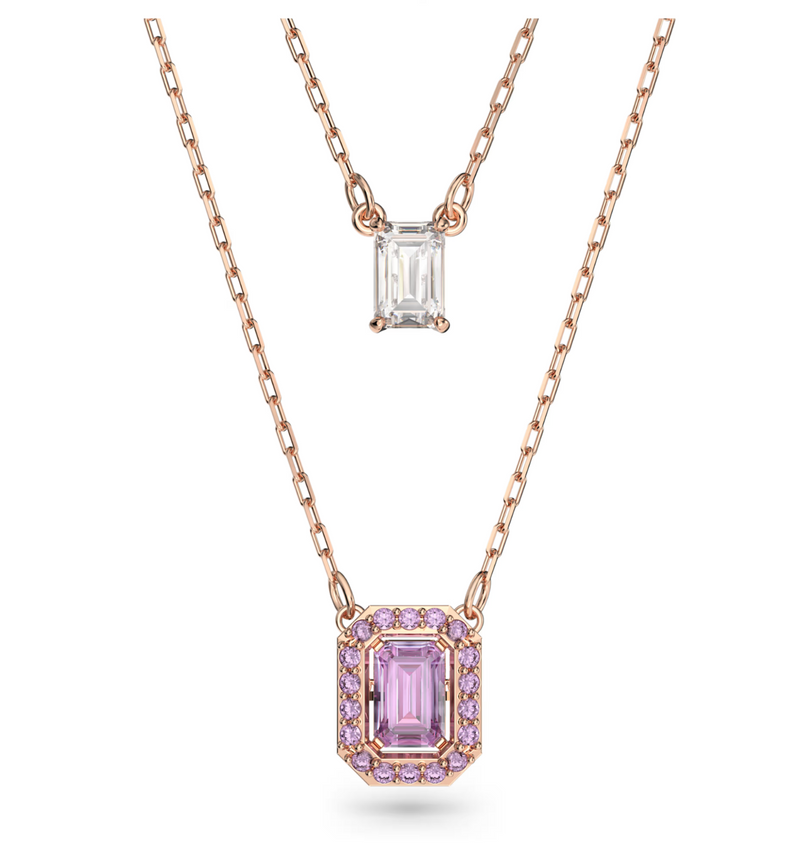 Una layered necklace Octagon cut, Purple, Rose gold-tone plated