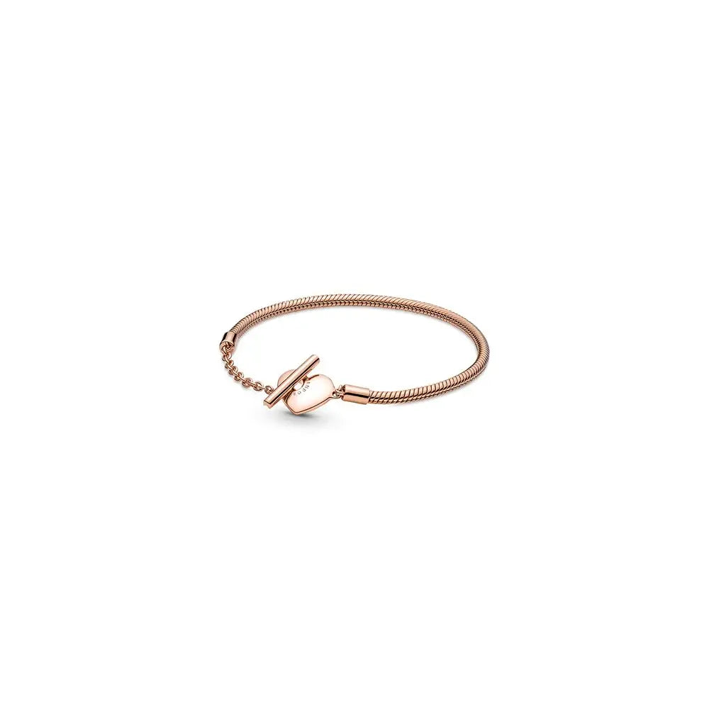 Snake chain 14k rose gold-plated T-bar heart bracelet 589285C00-18 (High Resolution)