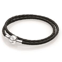 Silver leather bracelet~ double~ black 590745CBK-D5