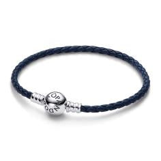 Blue leather bracelet with sterling silv 592790C01-S2