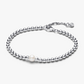Beaded sterling silver bracelet with white treated freshwater cultured pearl and clear cubic zirconia 593173C01-20 (High Resolution)
