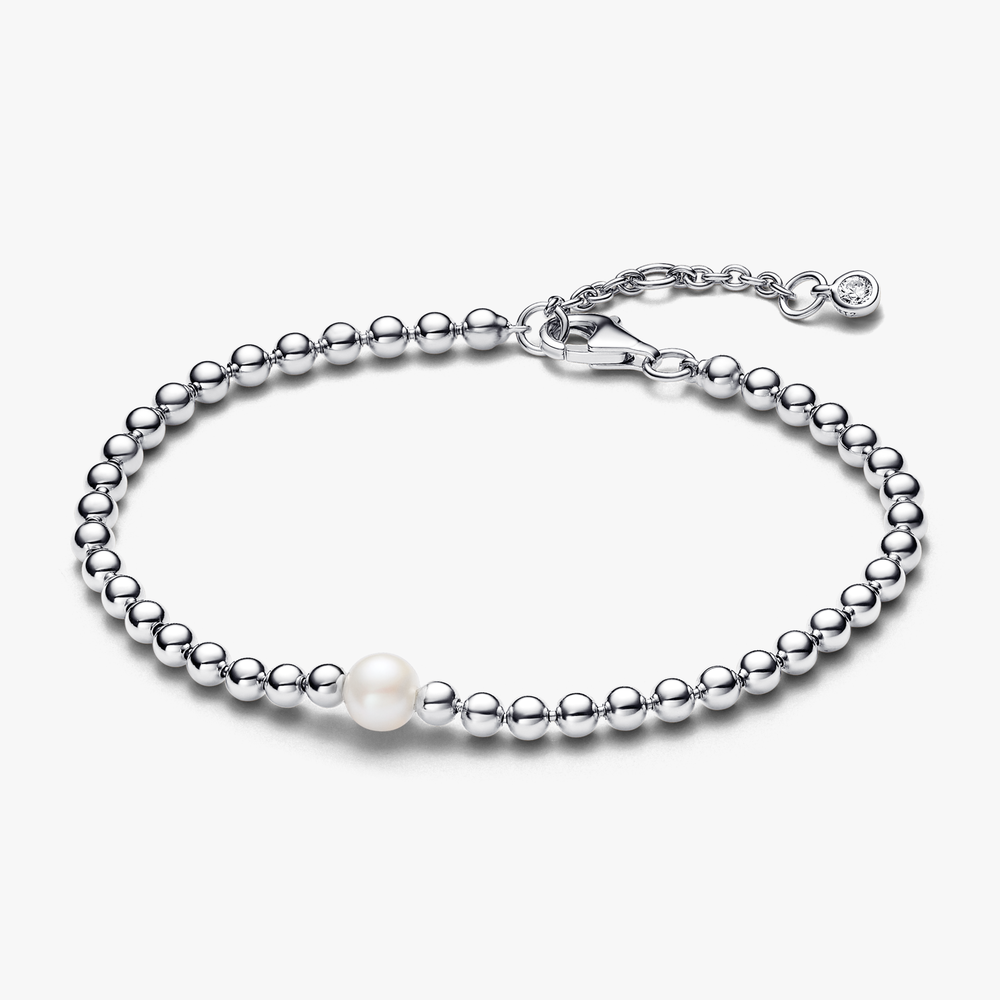 Beaded sterling silver bracelet with white treated freshwater cultured pearl and clear cubic zirconia 593173C01-20 (High Resolution)