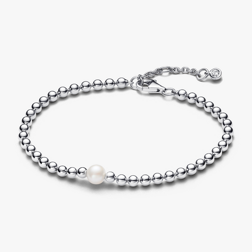 Beaded sterling silver bracelet with white treated freshwater cultured pearl and clear cubic zirconia 593173C01-20 (High Resolution)