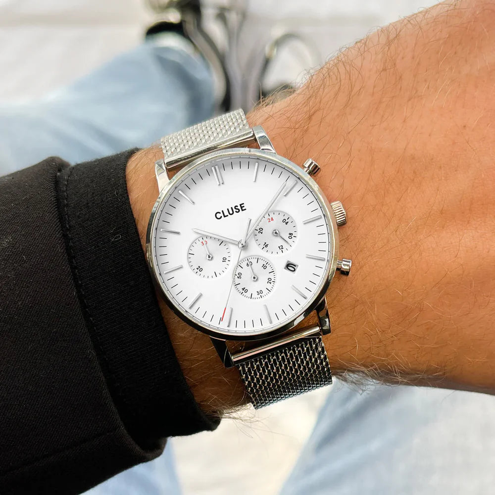 CLUSWE Aravis Chrono Silver Mesh Band and Navy Blue leather strap CG21004