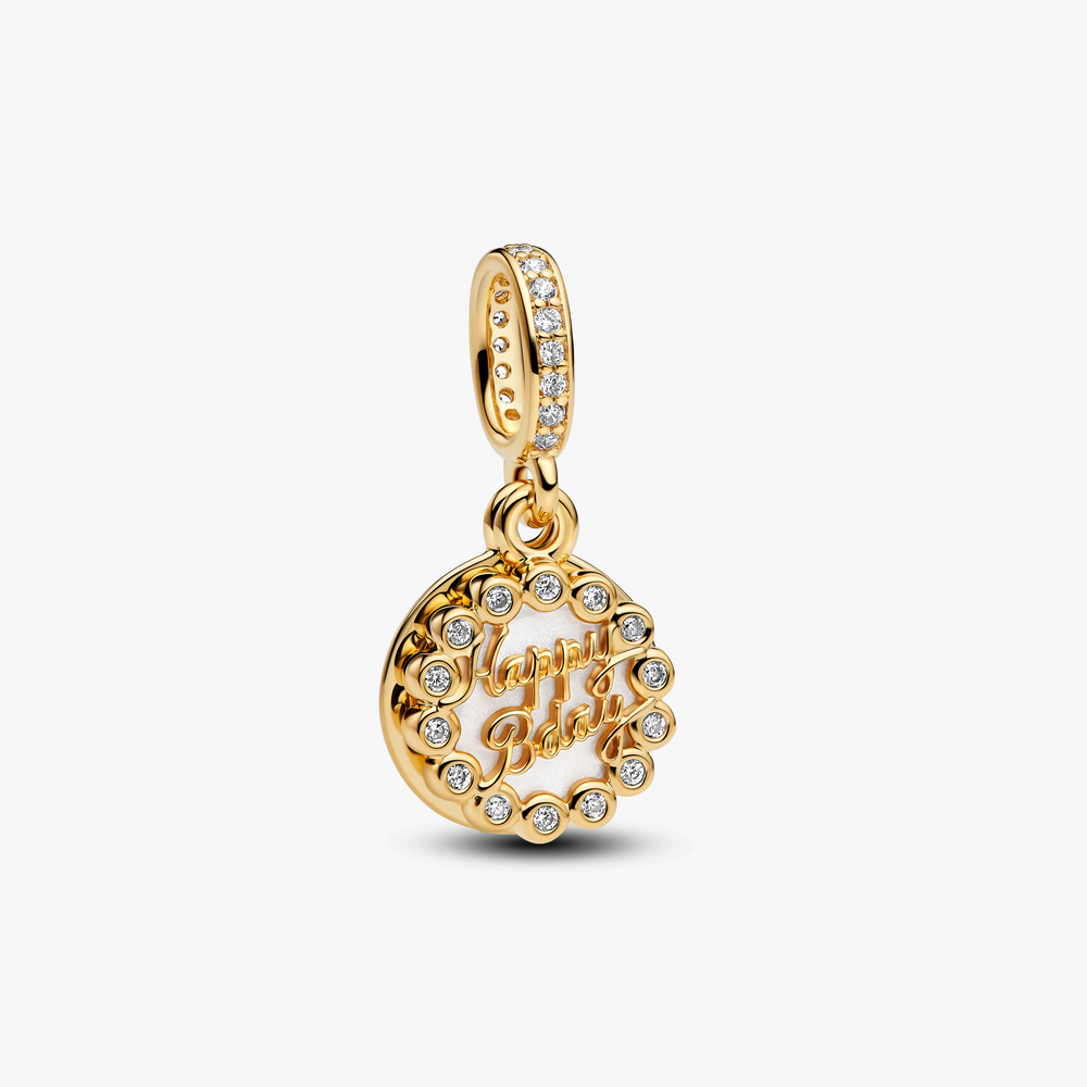 Happy Bday 14k gold-plated dangle with white bioresin man-made mother of pearl and clear cubic zirconia 763787C01 (High Resolution)
