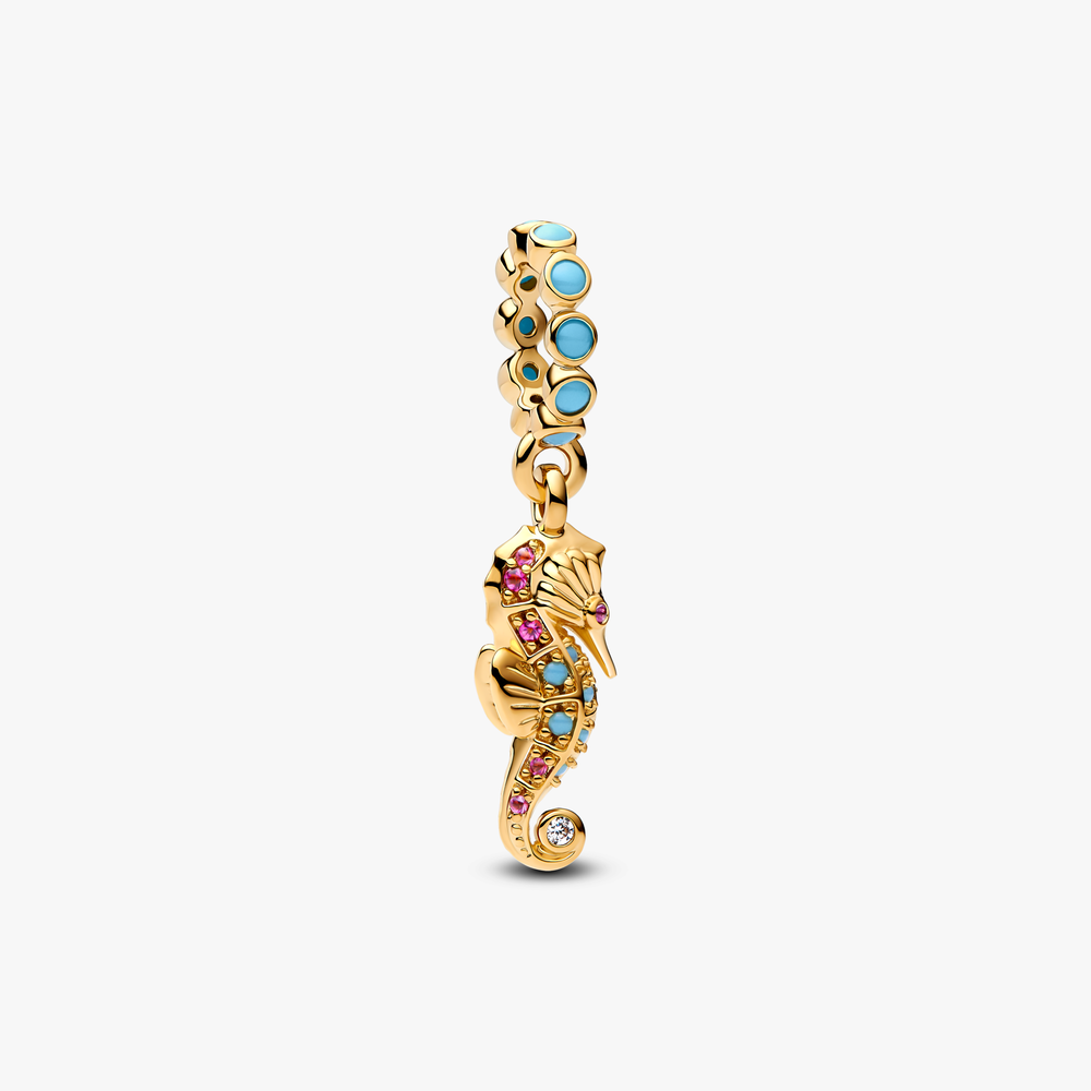 Seahorse 14k gold-plated dangle with clear cubic zirconia, capri blue crystal and phlox pink crystal 763895C01 (High Resolution)