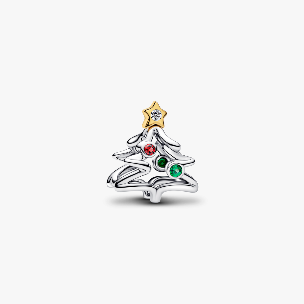 Christmas tree sterling silver and 14k gold-plated charm with clear cubic zirconia, salsa red and royal green crystal 764248C01 (High Resolution)