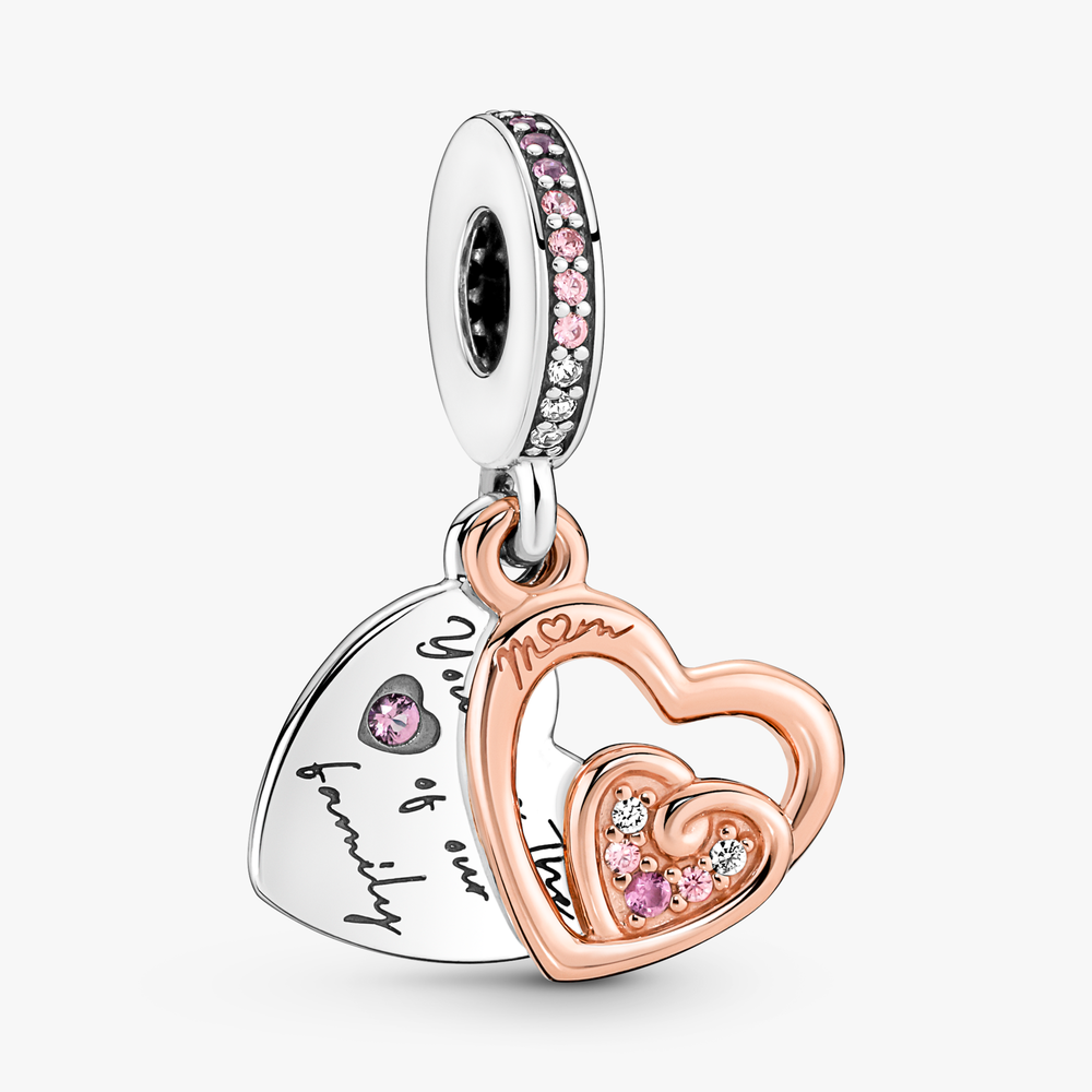Double heart sterling silver and 14k rose gold-plated dangle with clear and fancy fairy tale pink cubic zirconia, phlox pink crystal 781020C01 (High Resolution)