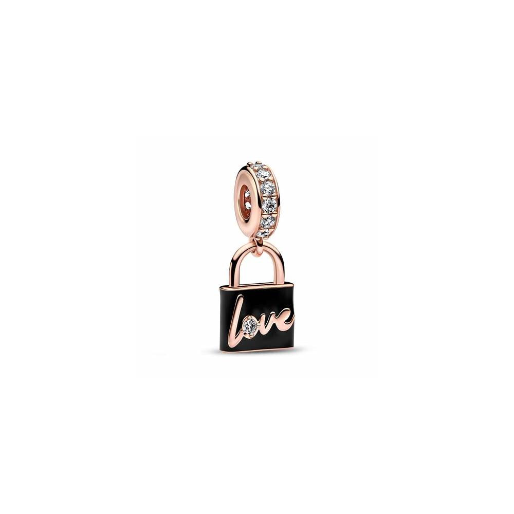 Padlock 14k rose gold-plated dangle with clear cubic zirconia and black enamel 782508C01 (High Resolution)