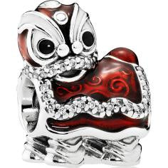 Chinese Lion Dance Silver Charm w CZ & Red, White, Black Enamel 792043CZ