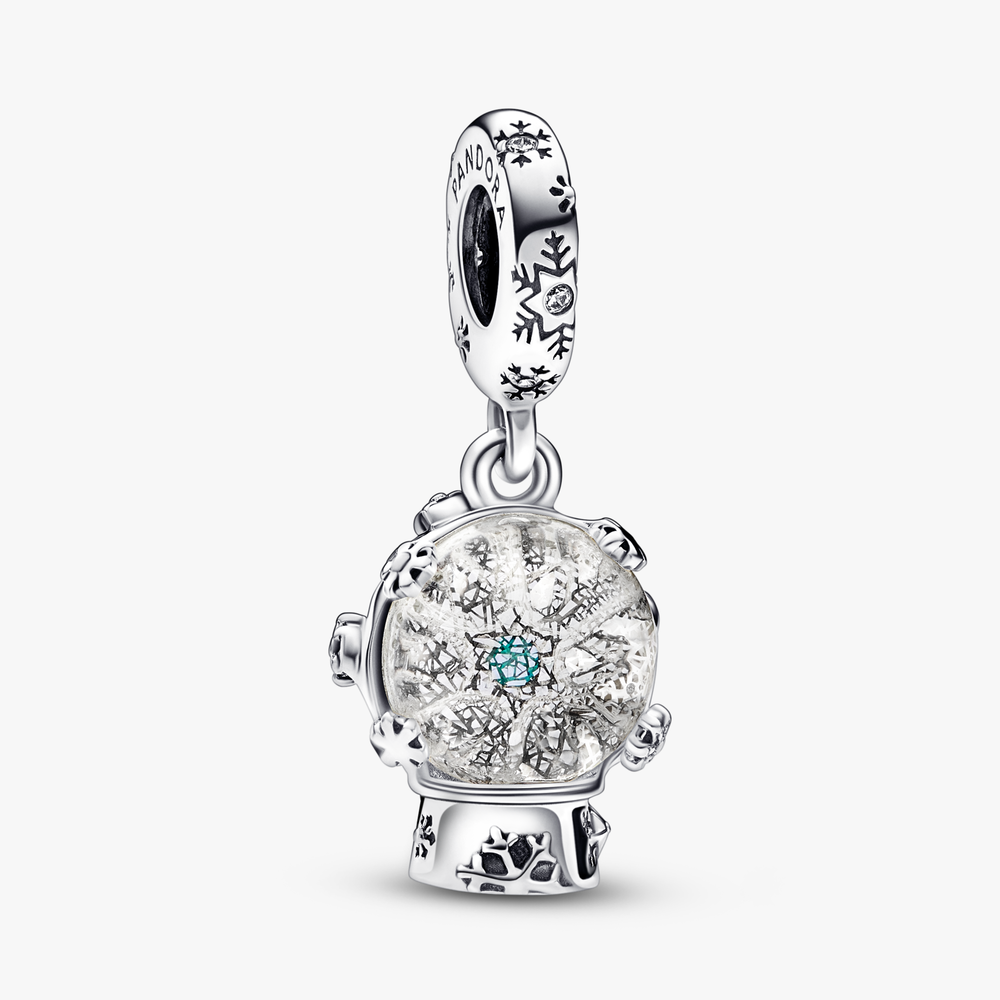Snowglobe sterling silver dangle with clear and teal cubic zirconia and clear glitter Murano glass 792369C01 (High Resolution)